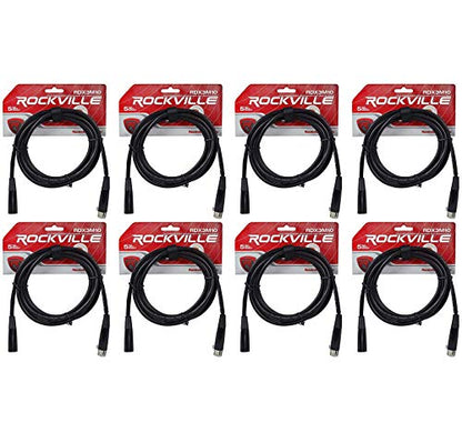 Rockville RDX3M10 8-Pack 10' 3-Pin DMX Cable, Female to Male, 100% OFC | Copper Conductors, Nickel Plated, 120 Ohm, XLR Connectors, Strain Relief, Hi-Density Braided Shield, EMI/RFI Rejection