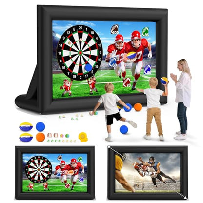 3-in-1 16FT Inflatable Projector Screen - Outdoor Movie Screen, Dart Board and Football Target with 180W Blower, Front/Rear Screen for Celebration & Outside Movie Night - size: 16FT