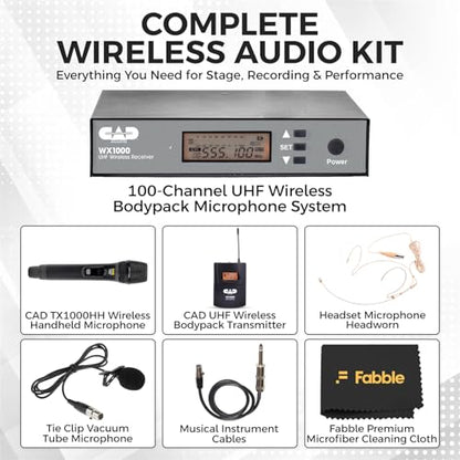 CAD Audio WX1000BP Wireless Bodypack Microphone System (510-570 MHz) Bundle with TX1000HH Handheld Microphone Transmitter, Lavalier Mic, Headset Mic, and 1/4" Guitar Cable for Stage & Vocals