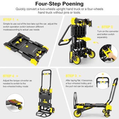 Folding Hand Truck Dolly, 330lb Convertible 4 to 2 Wheel Moving Cart,Yellow | Dolly Cart with Retractable, Aluminum Alloy & Cast Iron Build, Nylon Wheels,Compact Fold,for Moving,Office,Delivery,Outdoor - size: 330LB Yellow