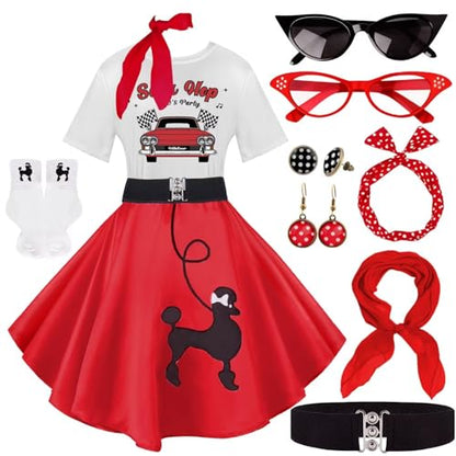 1950s Poodle Skirt Outfit Women 50s Sock Hop Costume T Shirt Accessories - color: Red-sockhop, size: Small