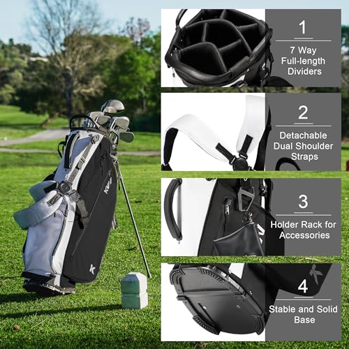 KVV Lightweight Golf Stand Bag with 7 Way Full-Length Dividers, 5 Zippered Pockets, Automatically Adjustable Dual Straps，Elegant Design - color: Black/White