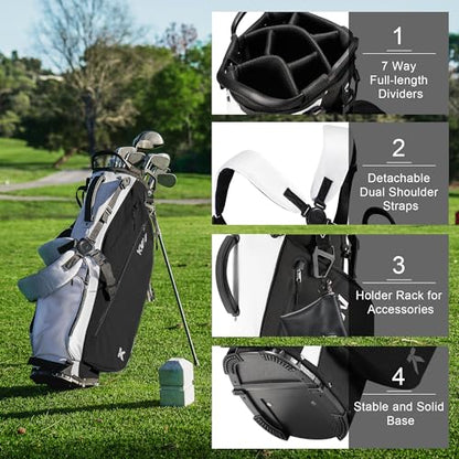 KVV Lightweight Golf Stand Bag with 7 Way Full-Length Dividers, 5 Zippered Pockets, Automatically Adjustable Dual Straps，Elegant Design - color: Black/White