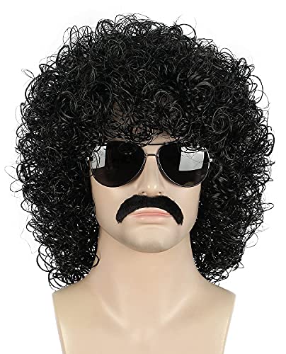 yuehong Black Curly Jumbo 70s81s Afro Wig Rocker Disco Wig with Mustache | Heat Resistant Synthetic Fibers Soft Durable Breathable Costume Hair