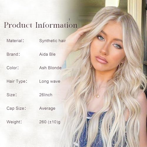 Aida ble Long Wavy Ombre Ash Blonde Wig for Women 26inch Middle Part Wig | Natural Looking Synthetic Wig,Suitable for Daily Wear,Party,Halloween and Cosplay,Beginner-friendly,Lightweight and soft - color: Ash Blonde