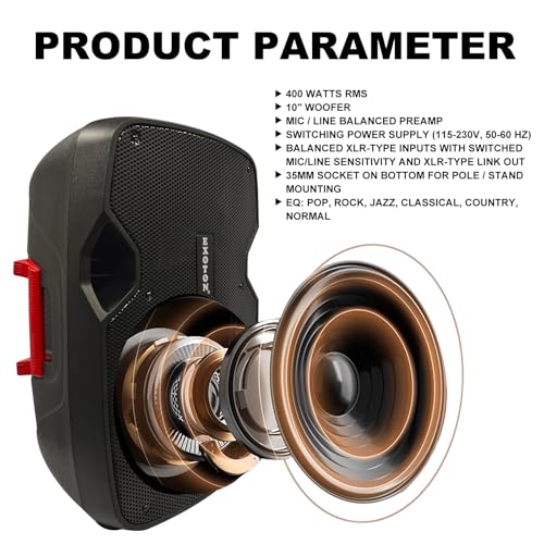 EXOTON 10 inch Professional Dual Powered PA Speakers, 2-Way Active&Passive Loudspeakers, PA System Combo Set with Microphone/Tripods/Remote Control/Bluetooth/USB, Indoor&Outdoor