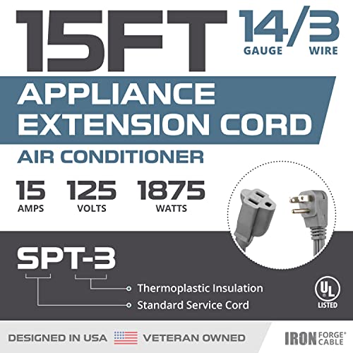 Iron Forge Cable Appliance Extension Cord, 15 Ft - Gray, 14 Gauge | 14/3 SPT-3 Cable, 3 Prong Grounded Plug, Gray, Heavy Duty - For Air Conditioners & Appliances - size: 15 Foot
