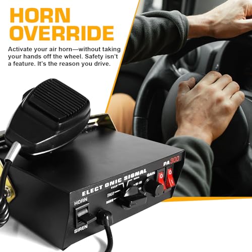 12V 100W Emergency Siren PA System Kit - 108-134dB Slim Speaker, 6 Sound Modes (Yelp/Wail/Hi-Lo), Vehicle Pa System with PTT Mic & Radio Input for Police Fire Tow Trucks UTV ATV