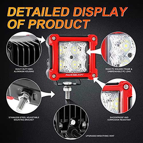 Auxbeam FA Series 3-Inch 40W Red Shell Offroad LED Pods Cube Ditch Lights | Flood Beam, 4800 Lumens, Off-Road Driving Lights, A-Pillar Hood Bumper, for 4WD Jeep Wrangler Ford F-150 Toyota 4Runner - color: Flood Beam, Red