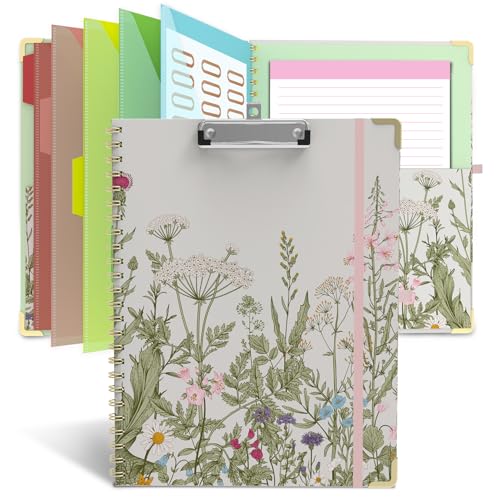 Clipboard Folio with Storage 8.5 X 11 Padfolio Notebook, Clipboards with Notepad Spiral with 10 Pockets and 5 Folders Nursing Teacher School Essentials (Garden Flowers) - color: Garden Flowers