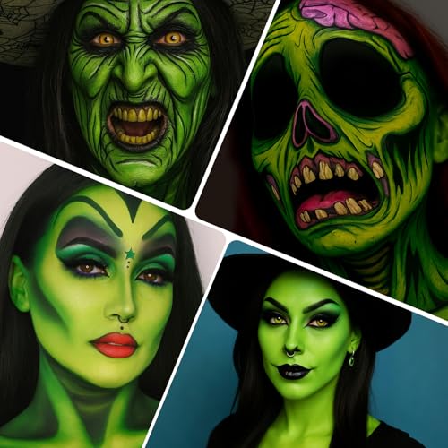 BOBISUKA Light Green & Black Face Body Paint Stick Kit with Black Lipstick & Eyeliner Pen, Setting Powder & 2 Sponges – Halloween Makeup Set for Beetle Juice, Demon, Monsters, Witches & Gothic Looks - color: Light Green & Black Painting Stick Set
