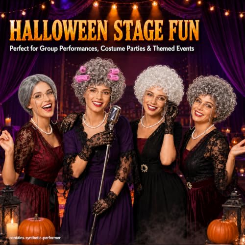 MAQIHAN Granny Wig Set - Light Gray Old Lady Wig with Glasses Cap | Synthetic Elderly Woman Costume Accessories with Faux Pearl Necklace for Halloween Cosplay, Funny Old Lady Outfit Party - color: Gray