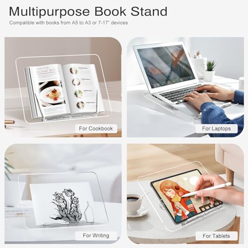 Acrylic Book Stand, Angle Adjustable Book Display Stand,Foldable Cookbook Stand, Lightweight Book Holder for Magazines, Laptop, Recipe, Textbook | Lightweight cookbook display, for magazines, recipe books, textbooks. Portable reading stand - size: 13.8 x