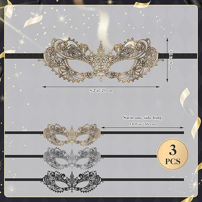 3 Pcs Masquerade Mask for Women Fun Lace Masks | Mascarade Headpiece, Disguise, For Costume Parties, Mardi Gras - color: Black, Gold, Silver