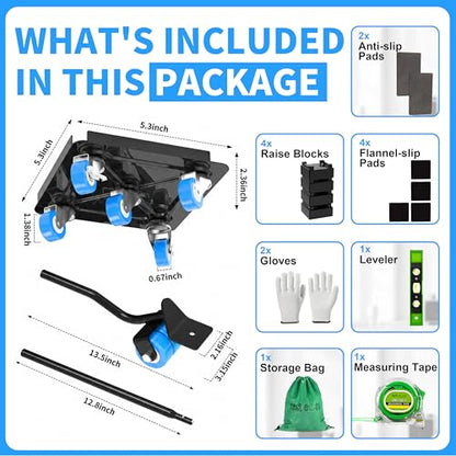 Heavy Duty Furniture Dolly 360 Rotate 5 Wheels 3000 Lbs Capacity 5.3x5.3 in | Furniture Movers with Blue Wheels, Measure Tape & Leveler, Alloy Steel Furniture Lifter Tool for Smooth Home & Office Uses - color: Blue, size: 5.3x5.3 IN