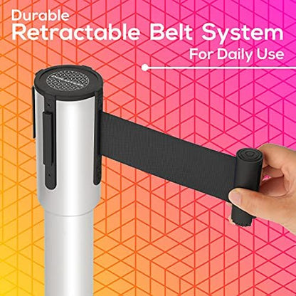 DuraSteel Chrome Crowd Control Barriers Stanchions with Retractable Belts - Metal Stanchion Posts w/ 6.5ft Black Retractable Barrier Belt Ropes - Queue VIP Safety Line Dividers - Set of 2 Stantions - color: Black Belt, style: Silver Stanchion 2 Pcs Set