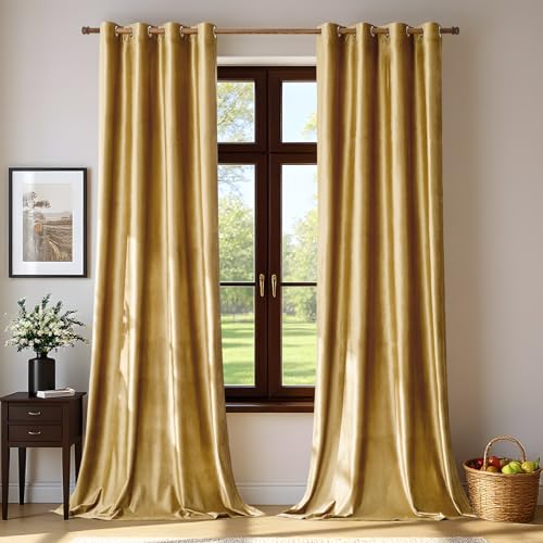 BULBUL Velvet Gold Curtains 72 inch Length- Living Room Blackout Thermal Window Drapes Darkening Decor Grommet Curtains for Bedroom Set of 2 Panels | Bedroom Room Decor,Luxury Elegant Modern,Thermal Insulation,Window Drapes,Darkening,UV rays,Privacy,Set o