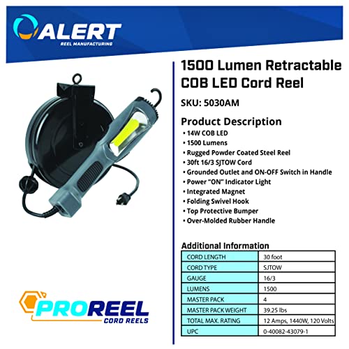 Alert ProReel 5030AM Retractable Cord Reel w/LED Work Light | 30' - 16/3 SJTOW Task Light Cord | 14W LED Shop Light Provides 1500 Lumens | Grounded Outlet with On/Off Handle Switch