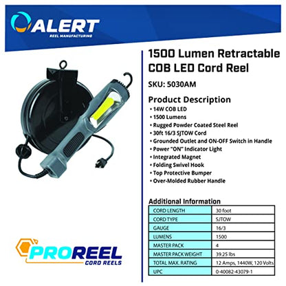 Alert ProReel 5030AM Retractable Cord Reel w/LED Work Light | 30' - 16/3 SJTOW Task Light Cord | 14W LED Shop Light Provides 1500 Lumens | Grounded Outlet with On/Off Handle Switch