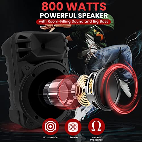 Pyle 12'' Portable Bluetooth Speaker System - 800 Watts - Karaoke Speaker w/ Latest DJ LED Lights, USB/FM/BT/Aux/Remote Control/Mic Inputs & Built-in Rechargeable Battery PPHP1243B - style: 800 Watts