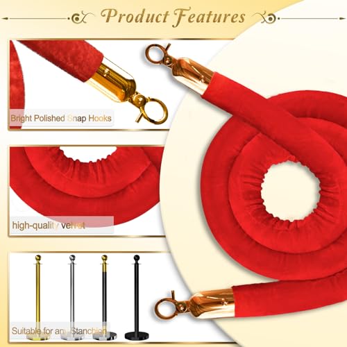 2PCS Red Velvet Stanchion Rope 5 Ft Crowd Control Ropes Barrier with Gold Hooks for Party - color: Red&Gold, size: 2PCS
