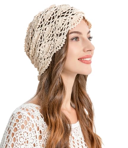 ZLYC Women Cotton Crochet Slouchy Beanie Hat Handmade Knit Summer Skull Cap | Lightweight breathable,boho casual chic look,travel photos festival party,café commute daily wear,beach concert gathering - color: Knitted Beige
