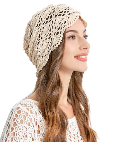 ZLYC Women Cotton Crochet Slouchy Beanie Hat Handmade Knit Summer Skull Cap | Lightweight breathable,boho casual chic look,travel photos festival party,café commute daily wear,beach concert gathering - color: Knitted Beige