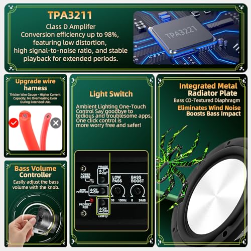 Upgraded 1600W Car Subwoofer, 10" Ultra-Thin Under-Seat Sub with Built-in Amplifier, (LPF/Gain/Bass Boost) LED Ambient Lights, Independent Bass Knob, Distortion-Free Deep Bass（Green） - color: Green ZZA