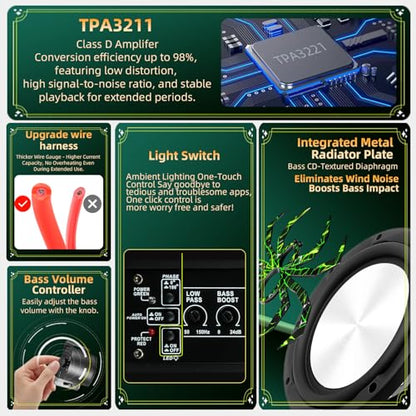 Upgraded 1600W Car Subwoofer, 10" Ultra-Thin Under-Seat Sub with Built-in Amplifier, (LPF/Gain/Bass Boost) LED Ambient Lights, Independent Bass Knob, Distortion-Free Deep Bass（Green） - color: Green ZZA