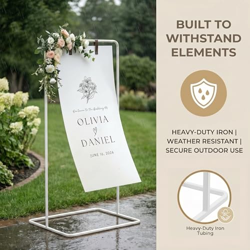 Wedding Welcome Sign Stand Fabric Banner Stand With Design Bundle Rose Vine | Linen Sign Holder Easel Stand for Sign Poster, Bridal Baby Shower With Stand Adjustable Welcome to Our Wedding, White - color: White
