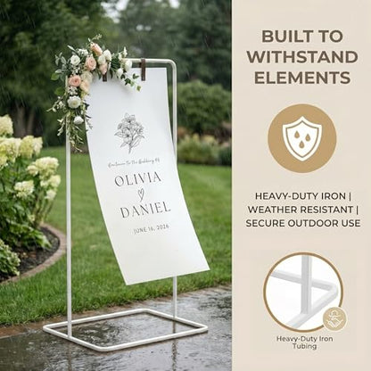 Wedding Welcome Sign Stand Fabric Banner Stand With Design Bundle Rose Vine | Linen Sign Holder Easel Stand for Sign Poster, Bridal Baby Shower With Stand Adjustable Welcome to Our Wedding, White - color: White