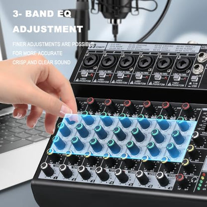 BOMGE Professional 8 Channel DJ Audio Mixer, Sound Mixer with 99 DSP Effects/7-band EQ/USB Drive/Bluetooth/Compute/48V Phantom for PC Recording Karaoke Studio Streaming