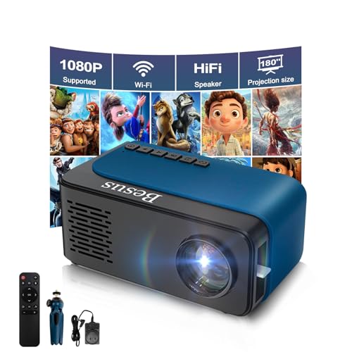 Mini Projector, HD 1080P WiFi Video Projector, Portable Outdoor Projector with Tripod, Gift for Kids, Home Theater Movie Phone Projector Compatible with USB, AV, Smartphone/Tablet/Laptop (cyan) - color: cyan