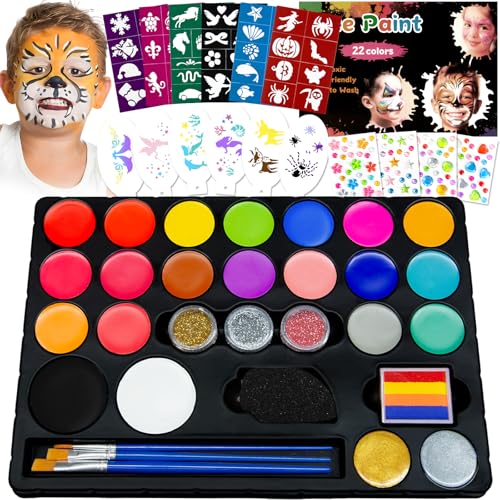 Professional Face Painting Kit – 22 Colors Non-Toxic Face & Body Paints with Rainbow Palette, Brushes, Stencils, Glitter & Gems for Birthday Parties, Halloween, Festivals, School Events - color: 22 Colors