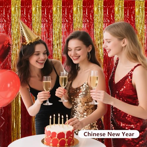 BEISHIDA Red Gold Door Streamers Backdrop Foil Fringe Tinsel Party Streamers Curtains Photo Backdrop for Birthday Graduation Christians Party Decoations - color: 05-red gold
