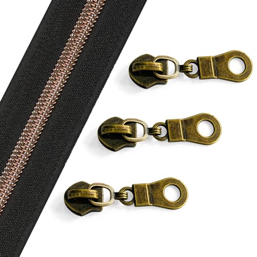 Sawoake 10 Yards Bulk Zipper(#5), Black Nylon Coil Zipper with Antique Brass Teeth by The Yards, Replacement Sewing Zipper with 10PCS Zipper Sliders for DIY Sewing Craft Bags(#5 Antique Brass Black) - color: AntiqueBrass-Black