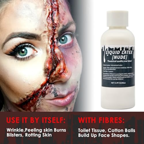 2.2 fl oz Liquid Latex Halloween SFX Makeup Kit, Clear Adhesive Latex Glue for Skin Special Costume Effects for Realistic Scar Cut Wounds Peeling Skin Wrinkes Burns, Light Flesh Body and Face Glue