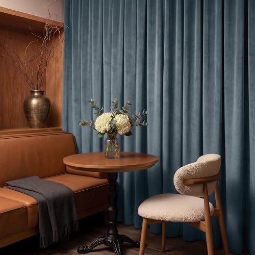 RYB HOME Dusty Blue Velvet Blackout Curtains 84 inches Long for Bedroom | Thermal Insulated, Room Darkening, Light UV Privacy Block, With Hook Belt, Back Tab, Living Dining Room, W52 x L84, 2 Panels - color: Dusty Blue, size: 52"W x 84"L (Pack of 2)