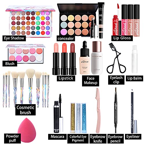 Pure Vie All-in-One Holiday Gift Surprise Makeup Set Essential Starter Bundle Include Eyeshadow Palette Lipstick Concealer Blush Mascara Eyeliner Face Powder Lipgloss Brush - Full Makeup Kit for Women - color: kit014