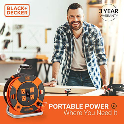 BLACK+DECKER 50 Ft. Retractable Extension Cord Reel, 4 Outlets | 14 AWG SJTW cable, easy handle rewind, multi-plug design, heavy-duty build - size: 50-Feet