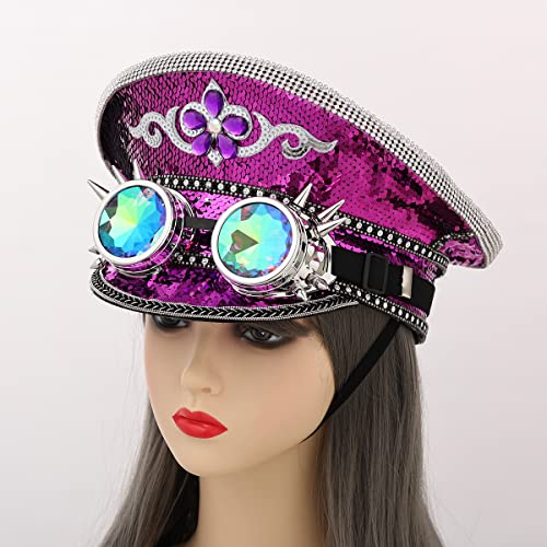 GRACEART Women's Burning Man Sequin Hat Mucis Festival Military Captain Hats Steampunk Caps with Goggles - style: Style-06(with Goggle)