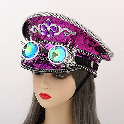 GRACEART Women's Burning Man Sequin Hat Mucis Festival Military Captain Hats Steampunk Caps with Goggles - style: Style-06(with Goggle)