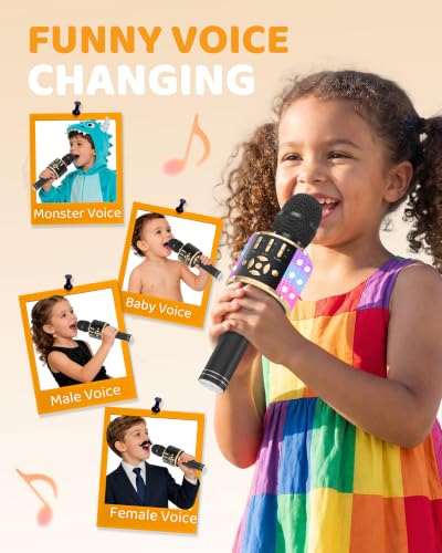 Amazmic Kids Karaoke Microphone Machine Toy Bluetooth Microphone Portable Wireless Karaoke Machine Handheld with LED Lights, Gift for Children Adults Birthday Party, Home KTV(Black Gold) - color: Black Gold