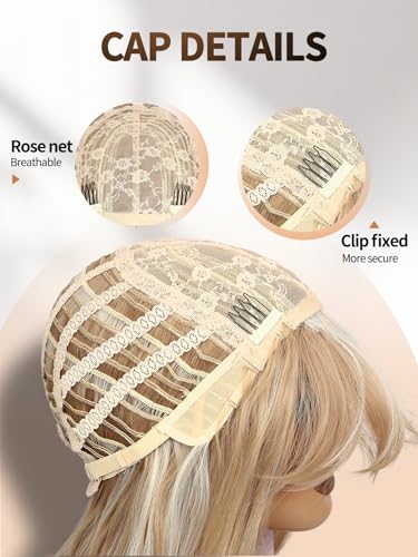 WIGER Long Wavy Hair With Bangs Flaxen Mix Blonde Curly Wigs | 26 Inch Synthetic Layered Wavy Hair for Women Daily or Halloween Cosplay Party Wigs - color: Blonde Highlight