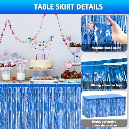 2 Pack 29.5x108 Inch Blue Foil Tinsel Fringe Table Skirts, Disposable Table Skirts for Rectangle Tables Curtains Backdrop Parade Wedding Floats Baby Shower Birthday Mardi Gras Party - color: Blue