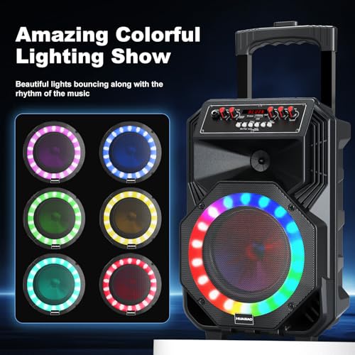 Karaoke Machine with 2 Wireless Microphones, Rolling Wheels and Trolley | 8800mAh Portable Bluetooth Speaker, PA System with Lights, Adjustable Bass/Treble/Echo for Parties, Indoor and Outdoor Use