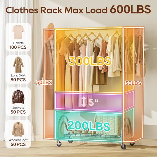 TigerParty Heavy Duty Clothing Rack for Hanging Clothes, Metal Clothes Rack Load 600 LBS, Rolling Coat Racks for Hanging Clothes with Lockable Wheels, Wardrobe Closet Garment Racks for Bedroom - size: 63" or 68"