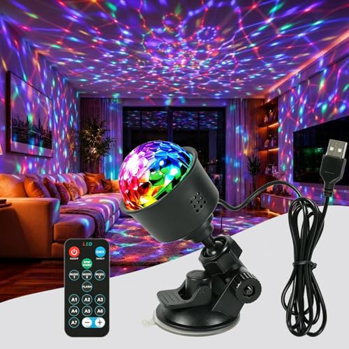 Disco Ball Lights, 7-Color Rotating DJ Party Lights with Sound Activated, USB Powered Portable Disco Lamp with 360° Strobe Effect for Home Room Dance Parties Karaoke Halloween Christmas Birthday Decor