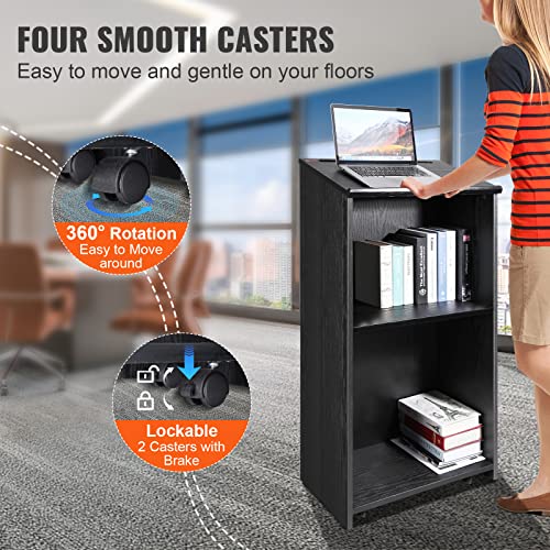 VEVOR Podium Stand, 47-inch Mobile Lectern with 4 Casters, Wooden Presentation Stand with Shelves, Angled Top, for Church, Office, School, Home Use, Black - color: Black