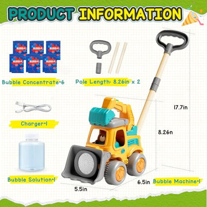 Bubble Machine for Kids 3-6, Construction Truck Bubble Lawn Mover | 2-In-1 Handheld Push, Automatic Bubble Blower With Led Lights, USB Rechargeable, Bubbles Toy for Kids Boy Girl 3-6 Year Old